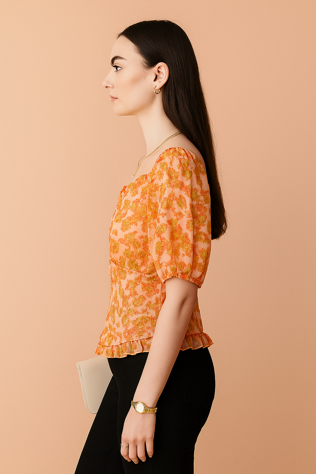 Peach Floral Sweetheart Neck Button-Down Blouse with Puff Sleeves and Ruffle Hem