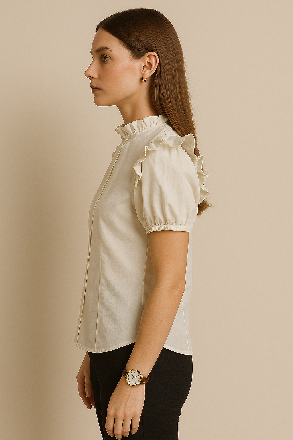 Ivory Button-Down Blouse with Ruffled Mock Neck and Puff Sleeves