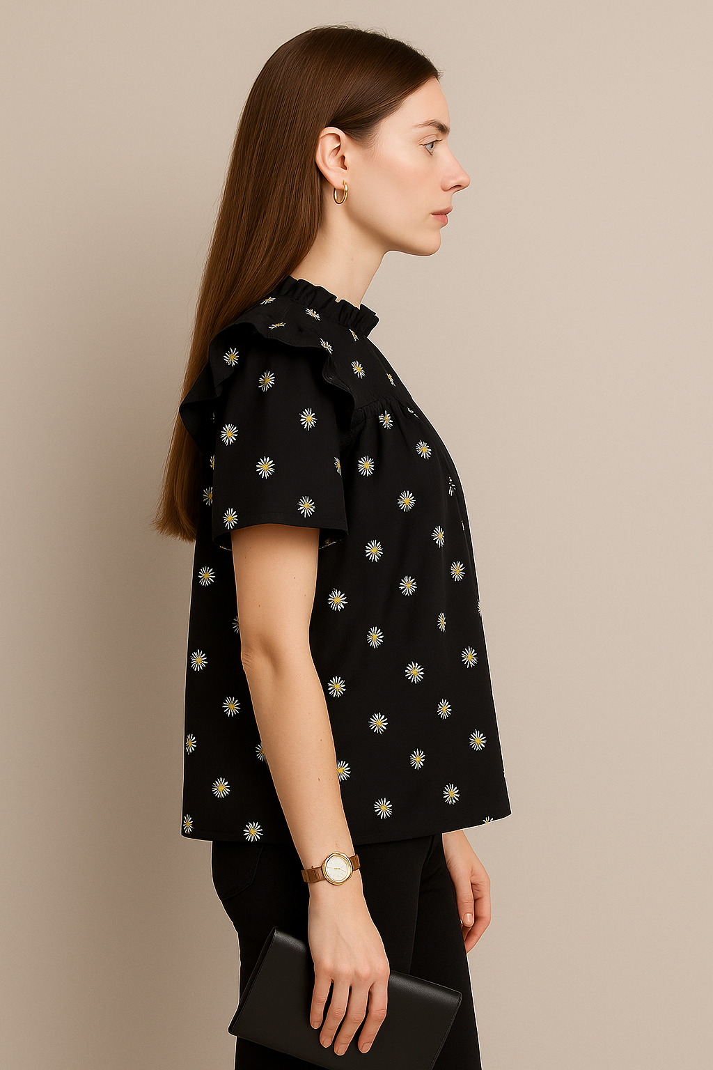Ruffle Sleeve Top with Daisy Print and Shirred Neckline