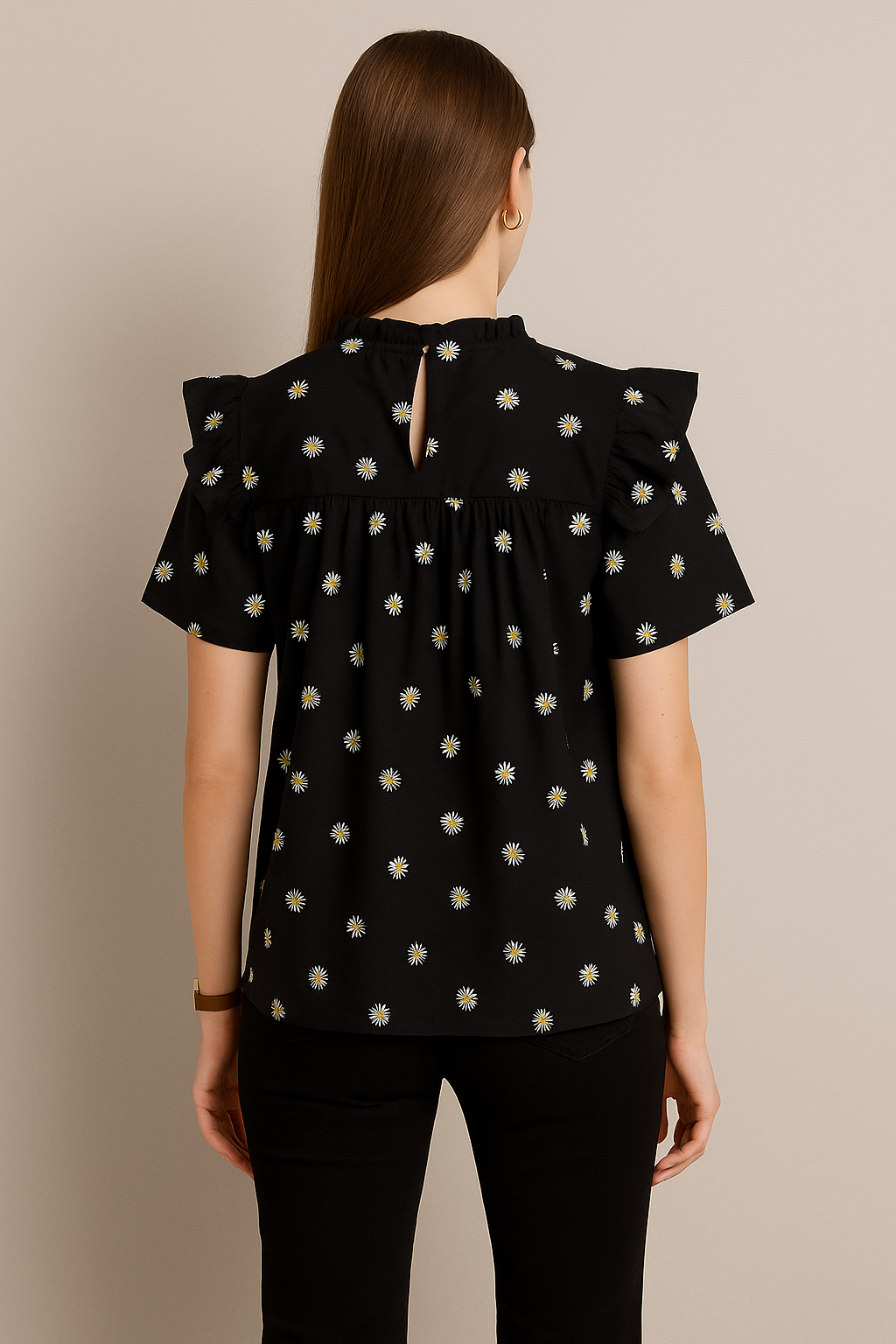 Ruffle Sleeve Top with Daisy Print and Shirred Neckline
