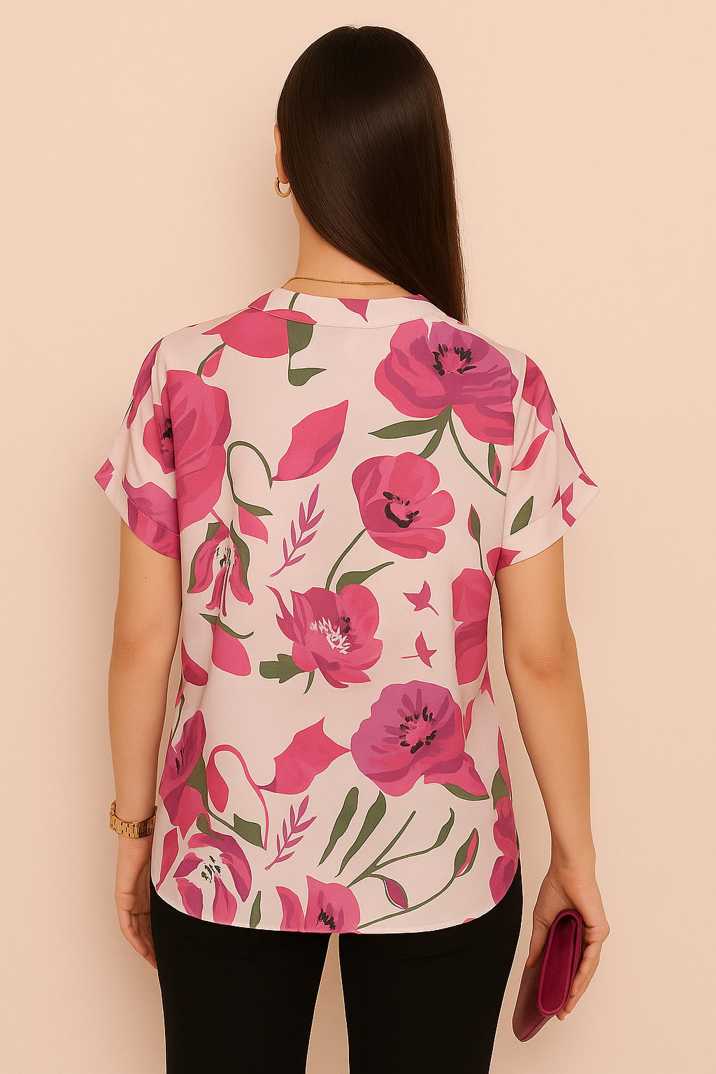 V-Neck Short Sleeve Top with Bold Floral Print