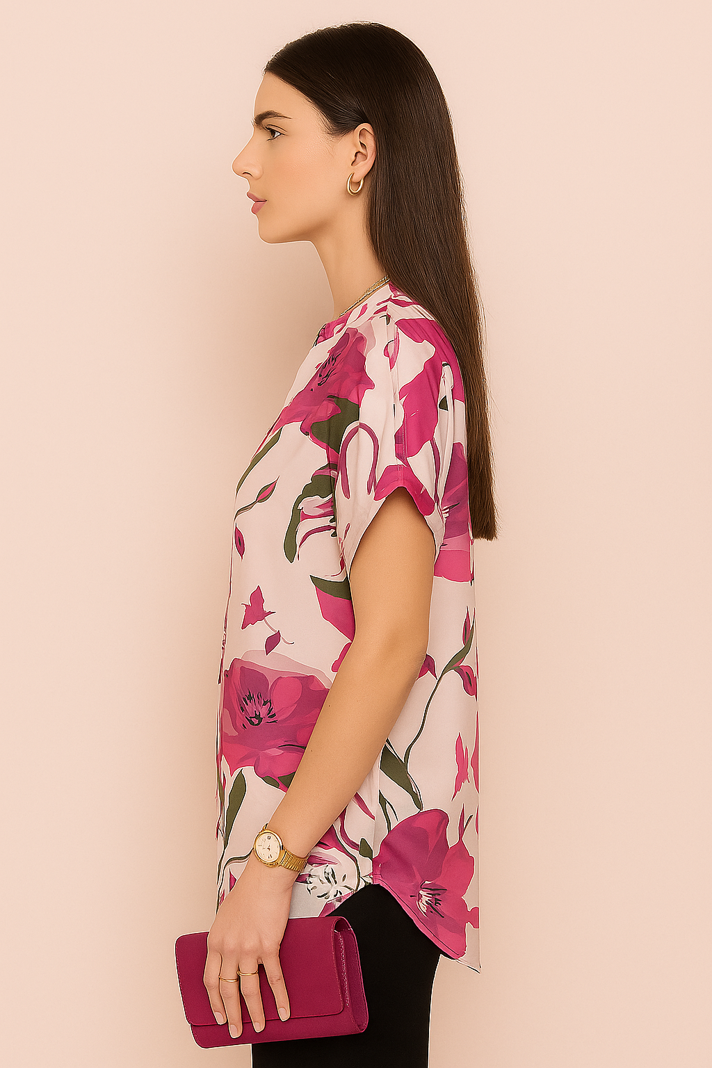V-Neck Short Sleeve Top with Bold Floral Print
