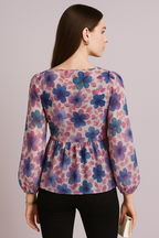 Multicolor Floral Printed Chiffon Peplum Top with Long Sleeves and Front Twist Detail