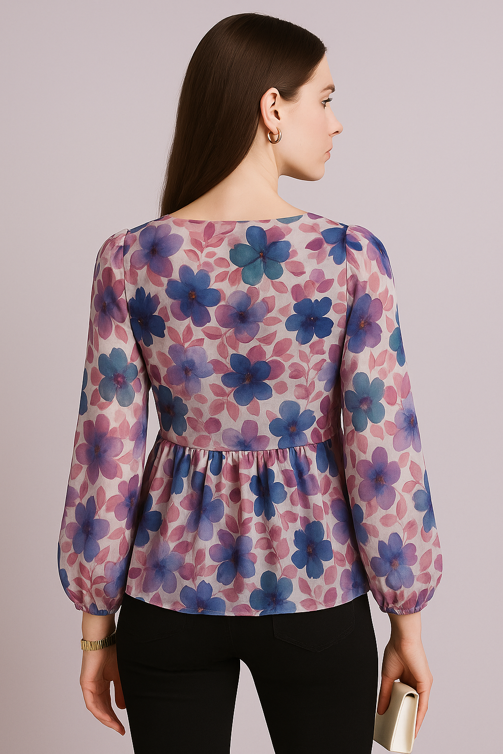 Multicolor Floral Printed Chiffon Peplum Top with Long Sleeves and Front Twist Detail