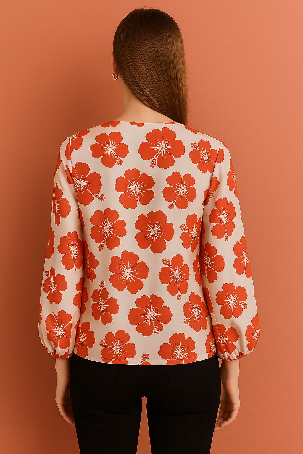 V-Neck Cream Top with Bold Hibiscus Floral Print and Long Sleeves