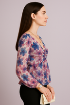 Multicolor Floral Printed Chiffon Peplum Top with Long Sleeves and Front Twist Detail