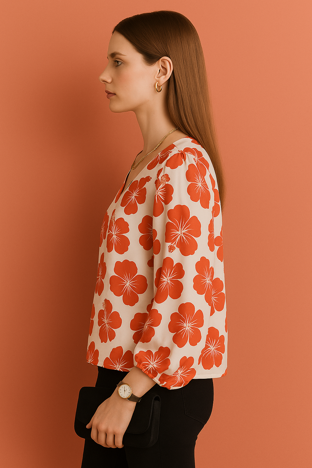 V-Neck Cream Top with Bold Hibiscus Floral Print and Long Sleeves