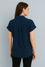 Short Sleeve Button-Down Top with Rolled Cuffs