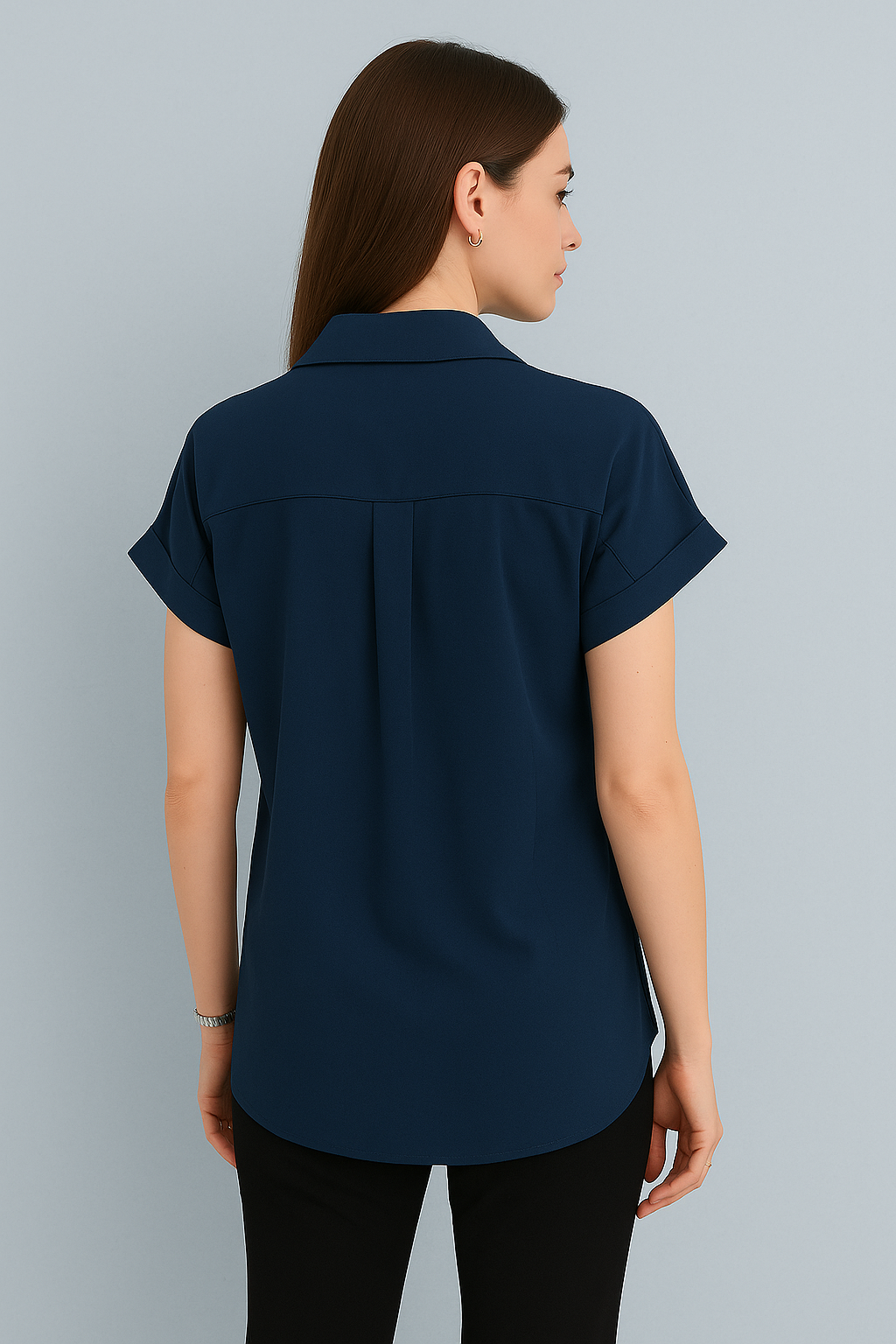 Short Sleeve Button-Down Top with Rolled Cuffs