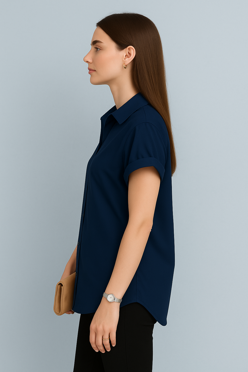 Short Sleeve Button-Down Top with Rolled Cuffs