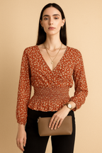Floral Printed Georgette Smocked Waist Top with Long Sleeves and V Neckline
