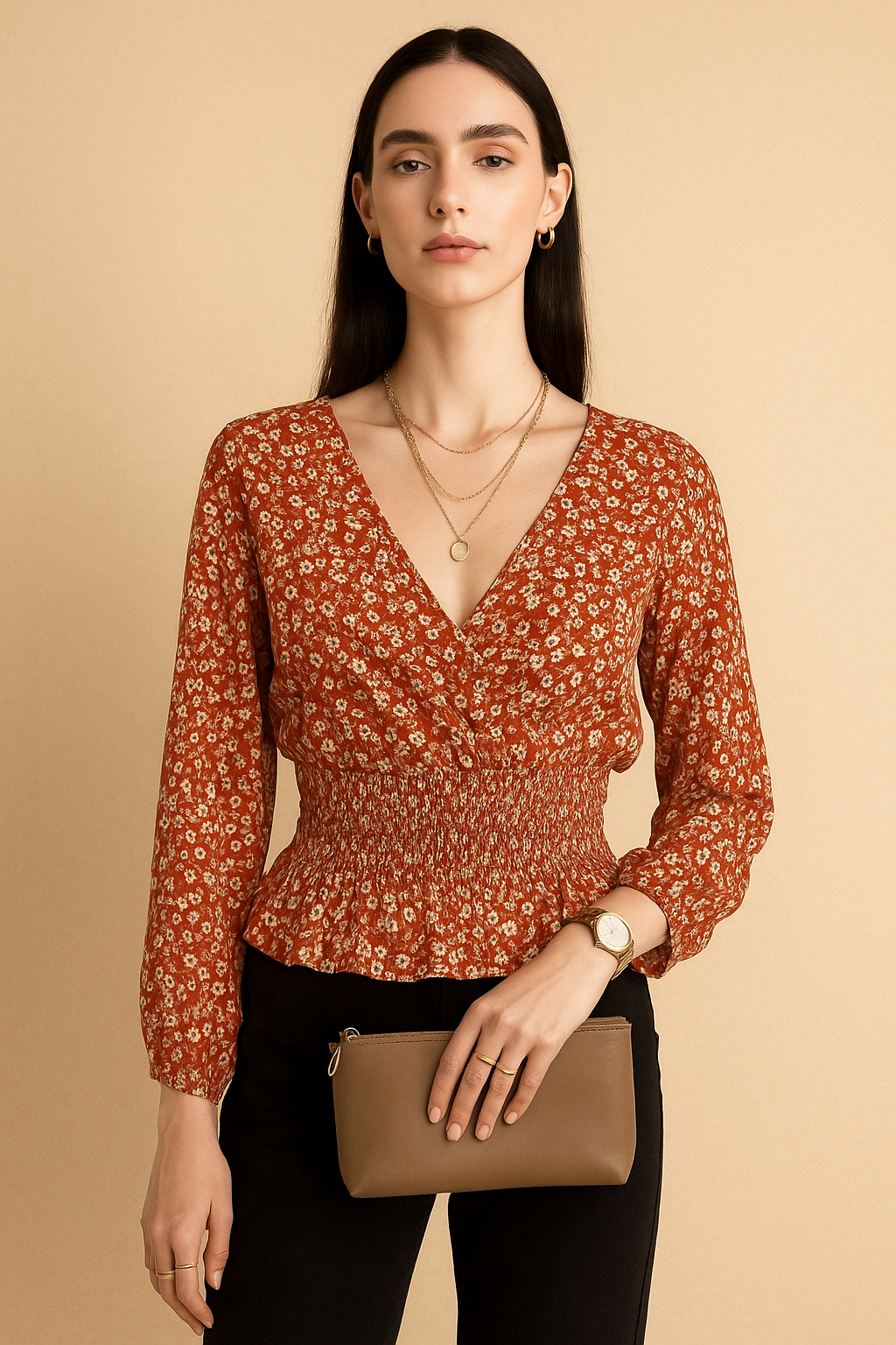 Floral Printed Georgette Smocked Waist Top with Long Sleeves and V Neckline