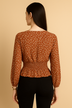 Floral Printed Georgette Smocked Waist Top with Long Sleeves and V Neckline