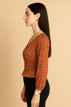 Floral Printed Georgette Smocked Waist Top with Long Sleeves and V Neckline
