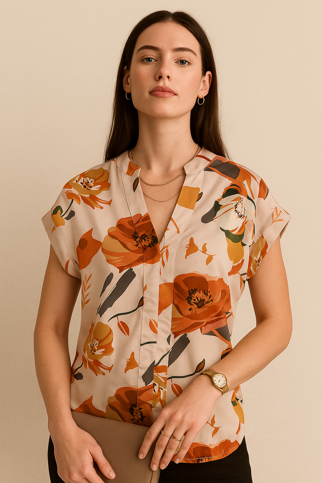 V-Neck Short Sleeve Top with Bold Floral Print
