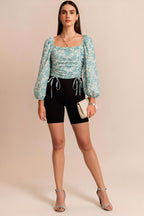 Square Neck Long Sleeve Floral Ruched Top with Waist Tie Detail
