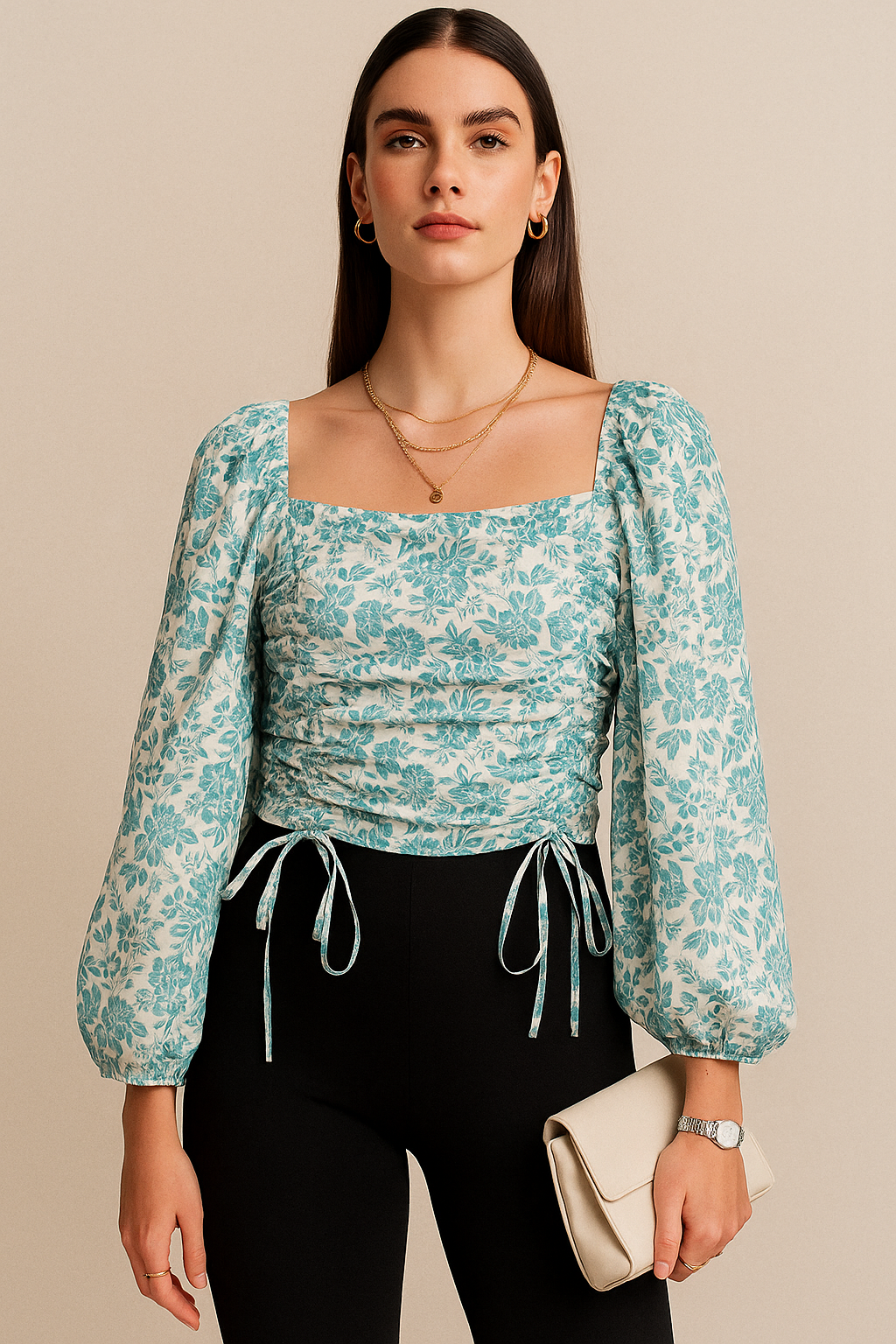 Square Neck Long Sleeve Floral Ruched Top with Waist Tie Detail