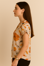 V-Neck Short Sleeve Top with Bold Floral Print