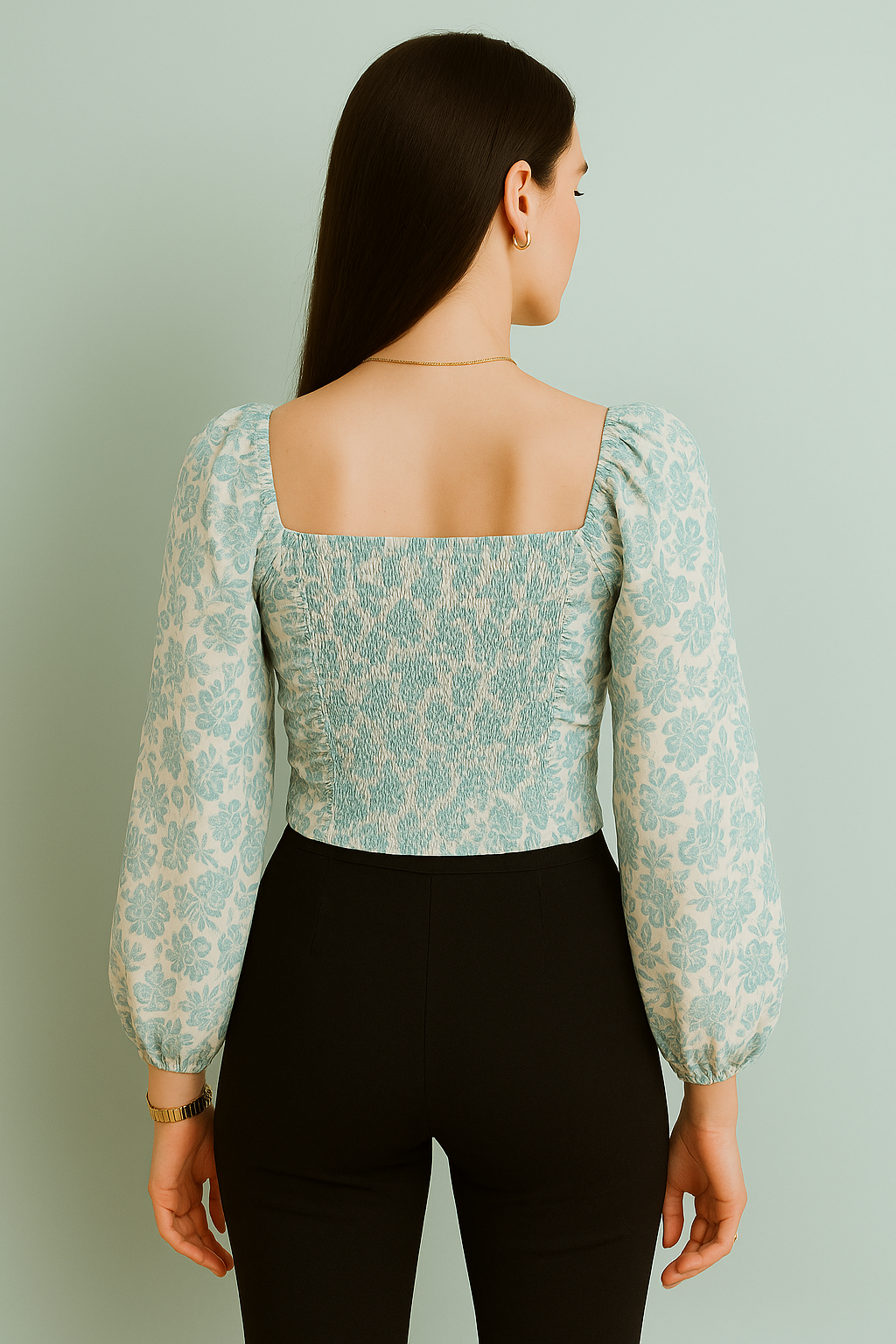Square Neck Long Sleeve Floral Ruched Top with Waist Tie Detail