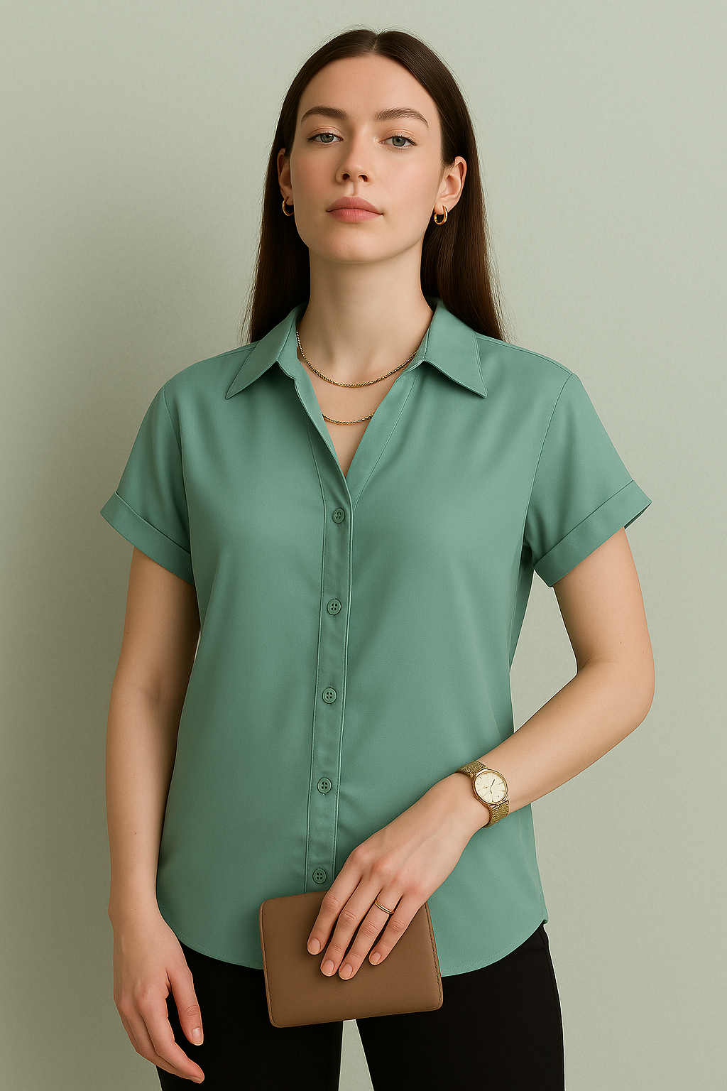 Short Sleeve Button-Down Top with Rolled Cuffs