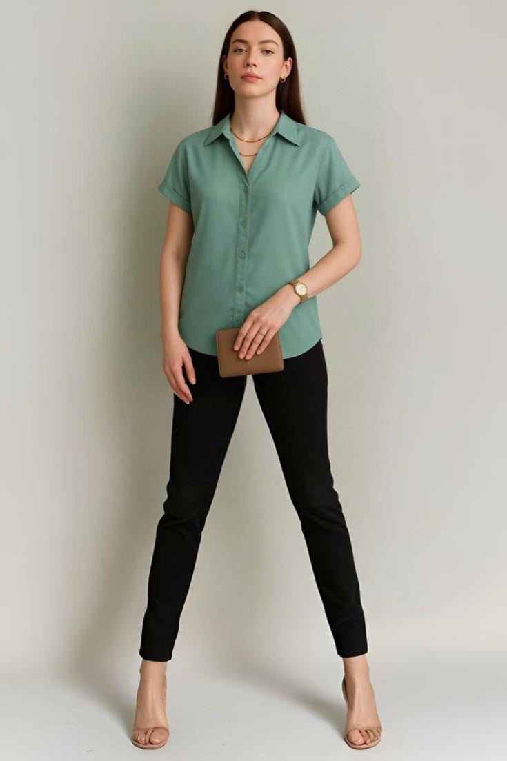 Short Sleeve Button-Down Top with Rolled Cuffs