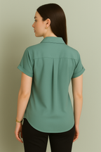Short Sleeve Button-Down Top with Rolled Cuffs
