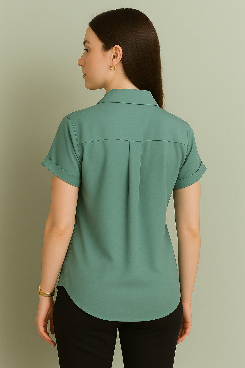 Short Sleeve Button-Down Top with Rolled Cuffs