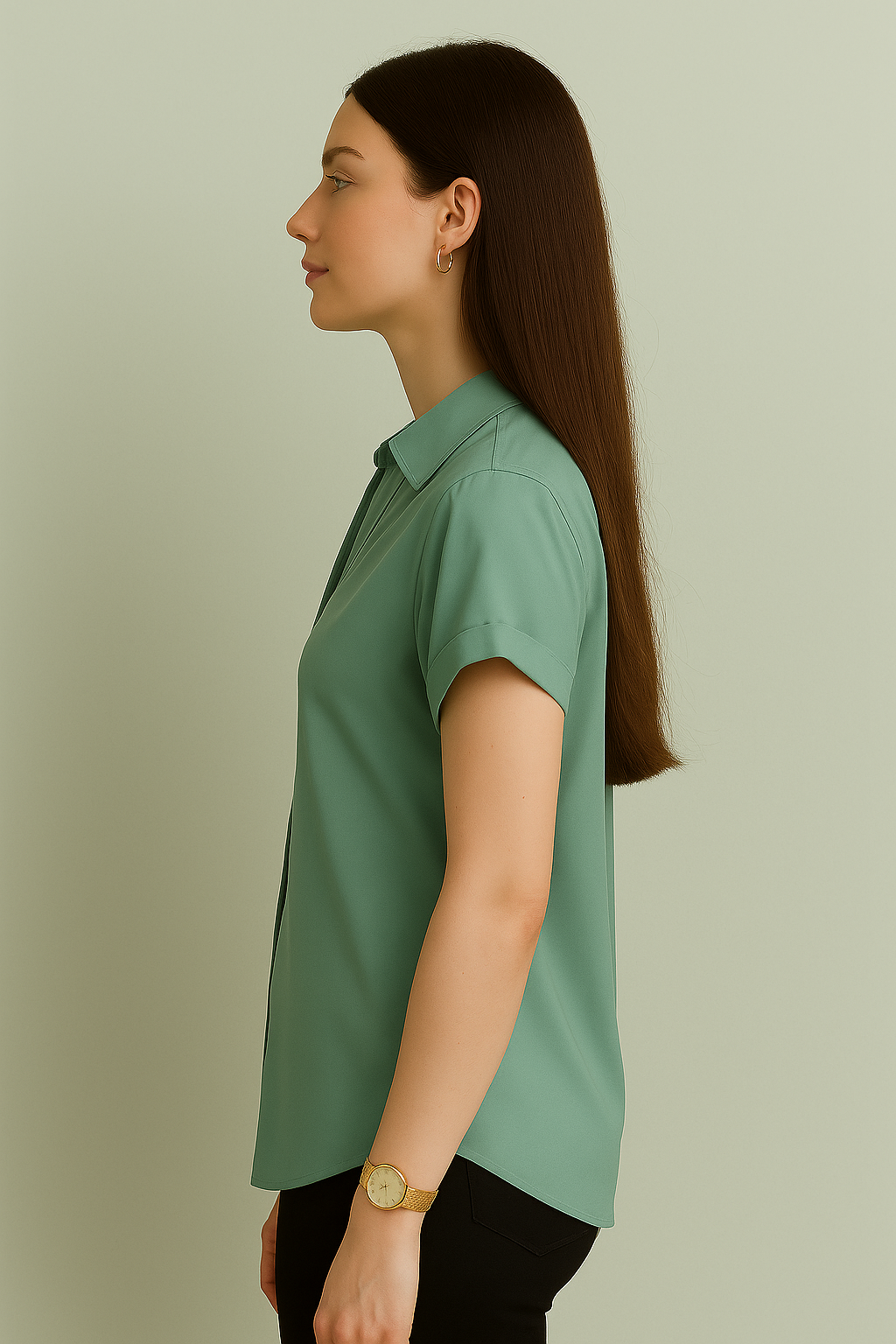 Short Sleeve Button-Down Top with Rolled Cuffs