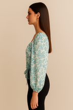 Square Neck Long Sleeve Floral Ruched Top with Waist Tie Detail