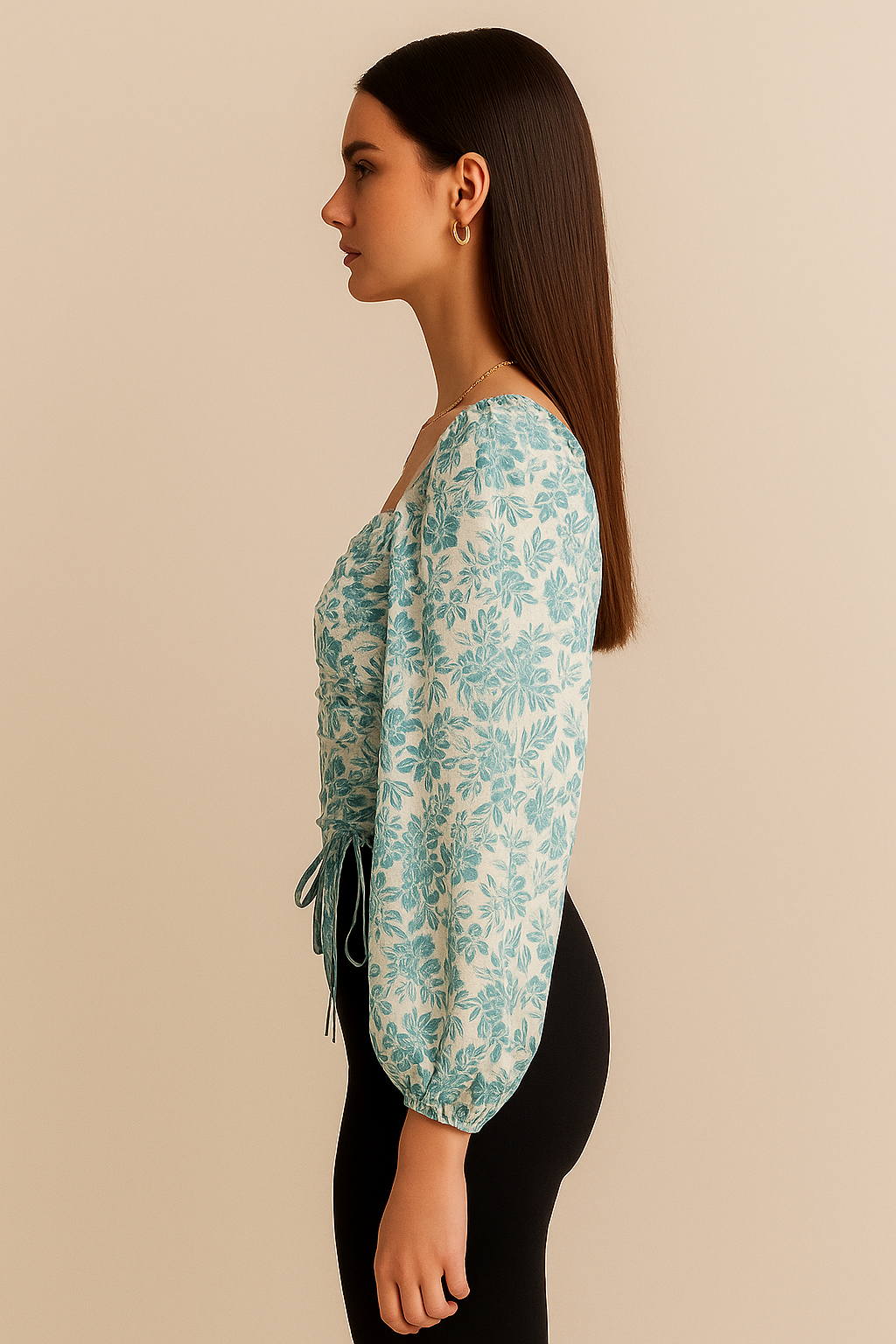 Square Neck Long Sleeve Floral Ruched Top with Waist Tie Detail