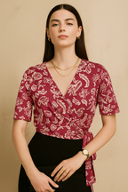 Floral Wrap Top with Short Sleeves in Crepe Fabric