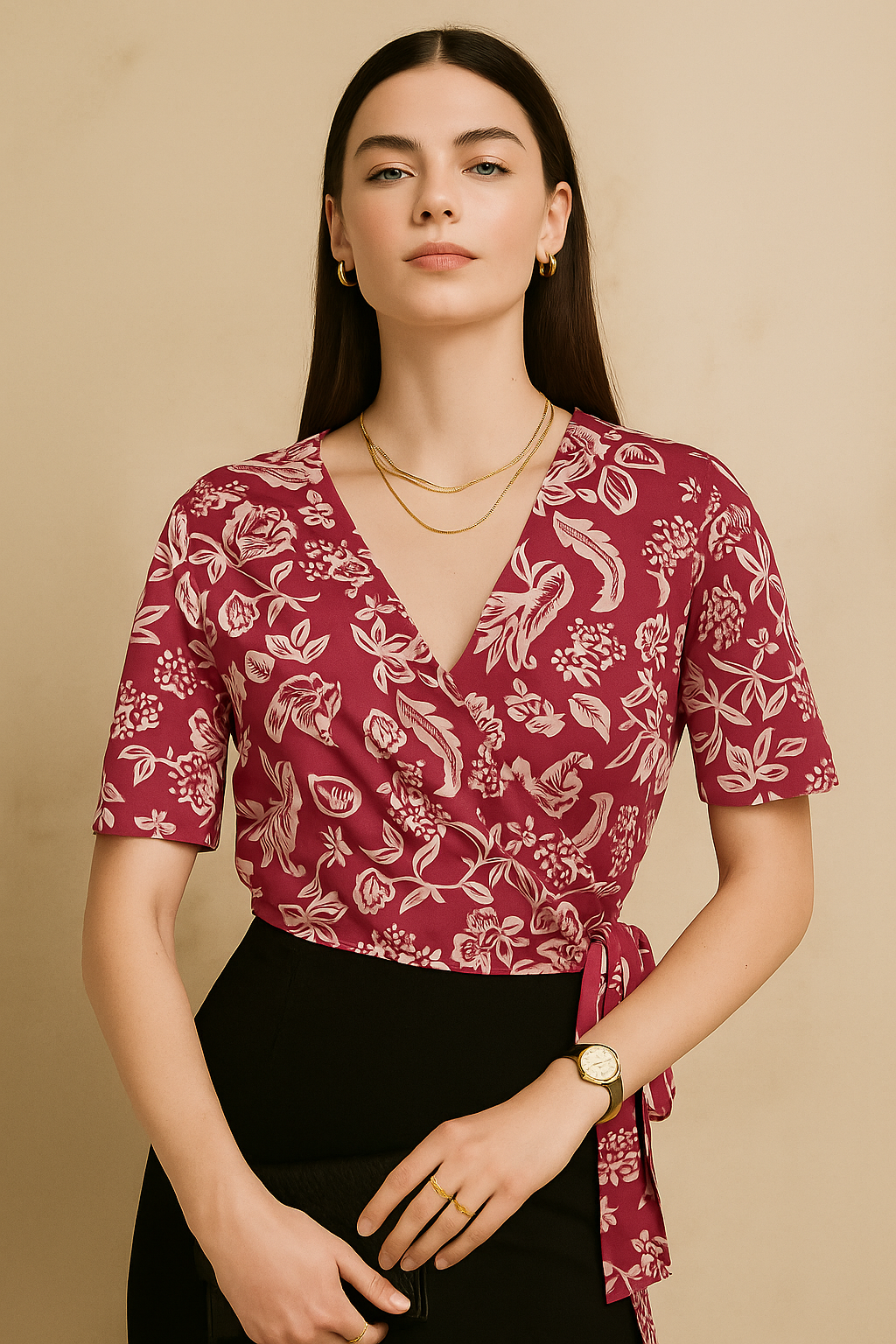 Floral Wrap Top with Short Sleeves in Crepe Fabric