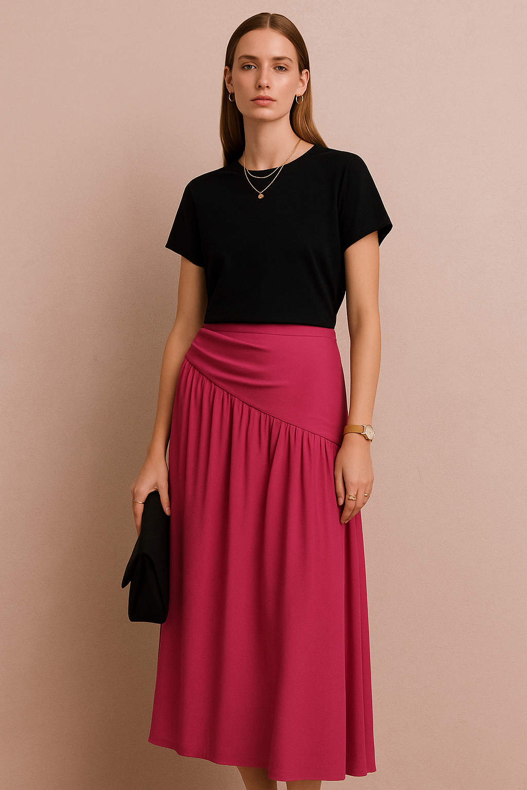 Asymmetric Waist Midi Skirt with Gathered Detail