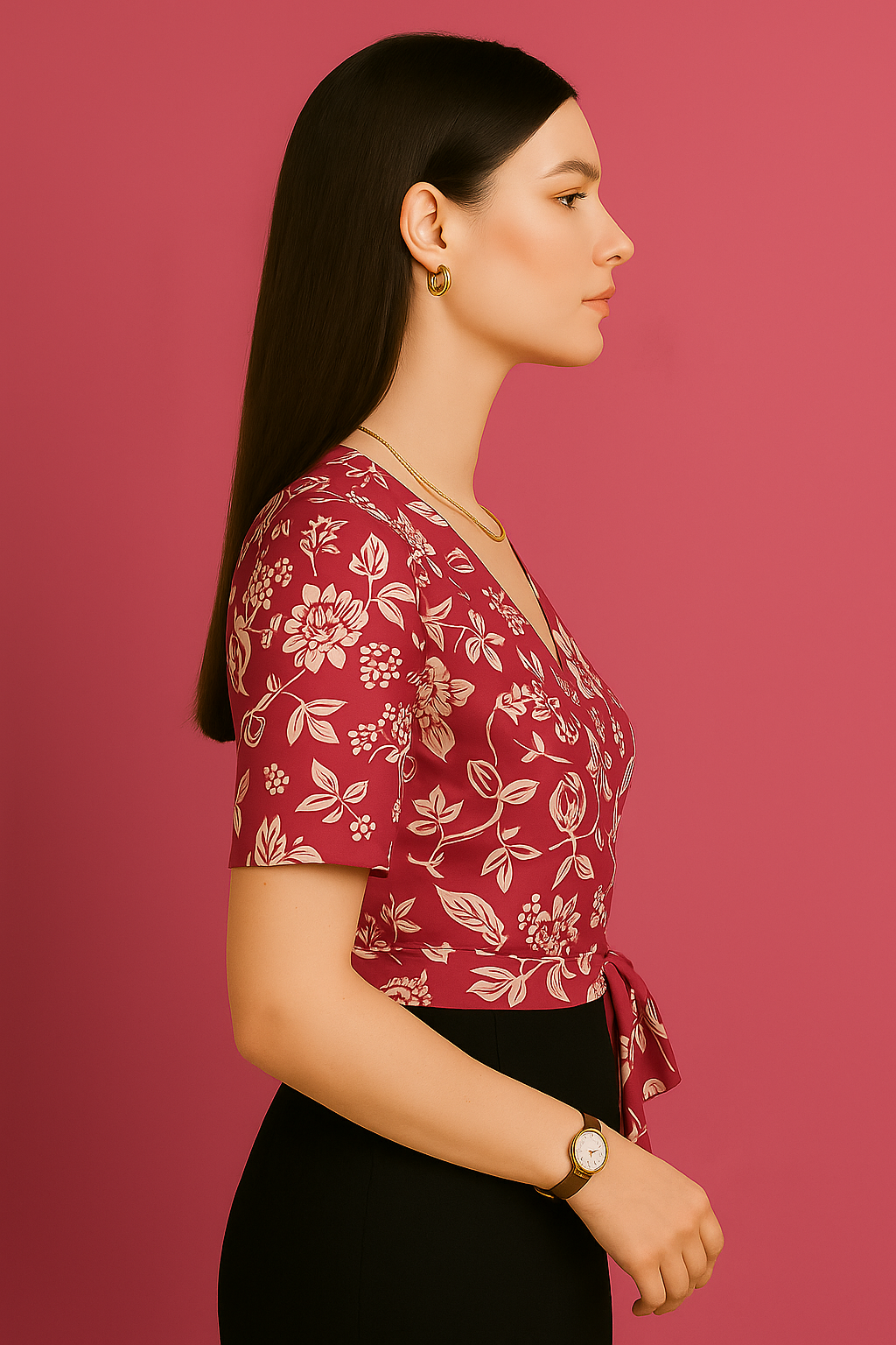 Floral Wrap Top with Short Sleeves in Crepe Fabric
