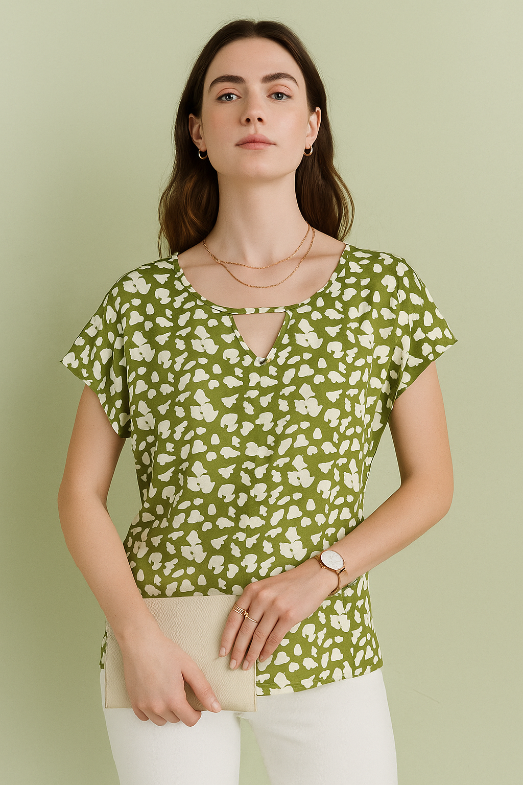 Abstract Printed Crepe Peplum Top with Short Sleeves and Keyhole Neckline