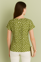 Abstract Printed Crepe Peplum Top with Short Sleeves and Keyhole Neckline