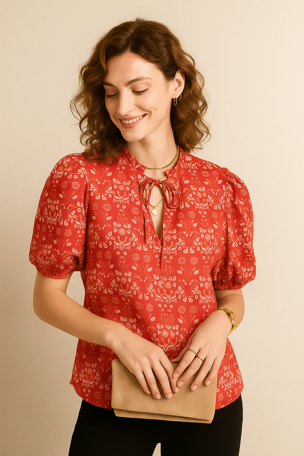 Periwinkle Floral Cotton Top with Puff Sleeves and Tie-Neck Detail