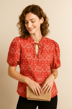 Periwinkle Floral Cotton Top with Puff Sleeves and Tie-Neck Detail