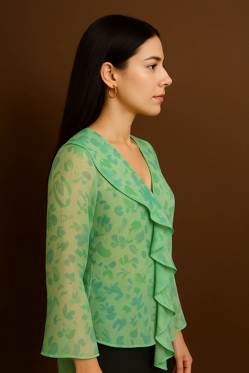 Floral Chiffon Top with Long Sleeves Ruffle Front and Tie Neckline