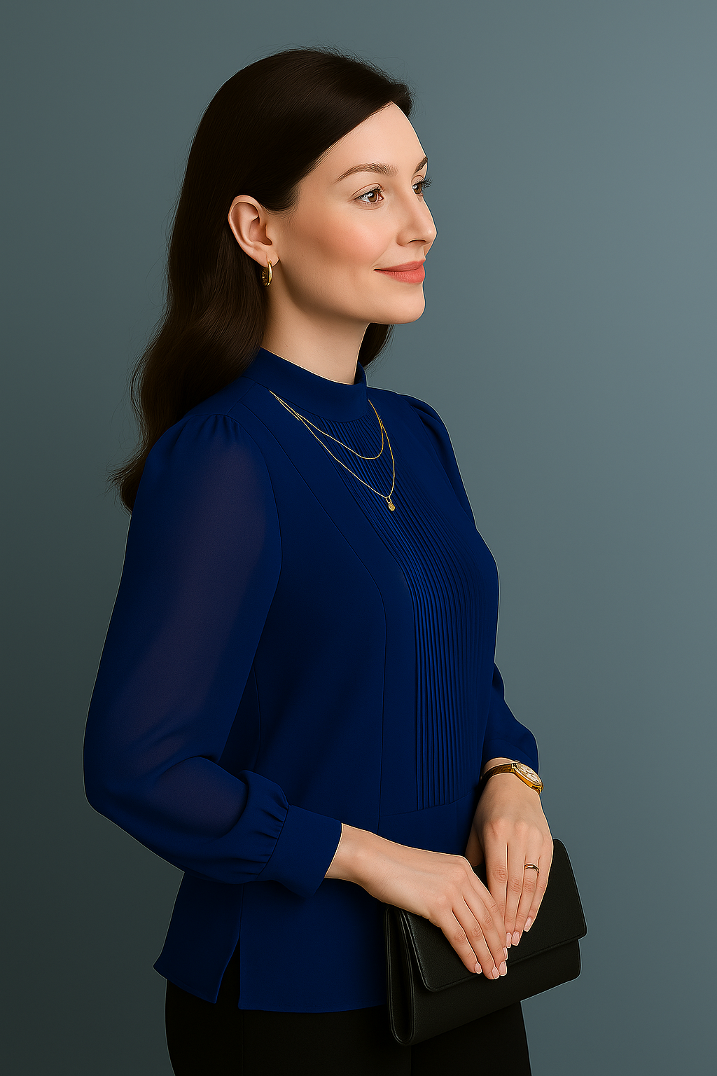 Navy Pleated Quarter Sleeve Top