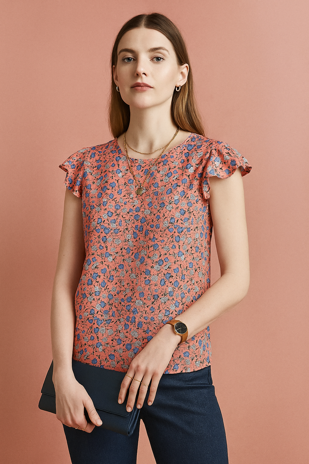 Floral Printed Cotton Top with Cap Sleeves and Round Neckline