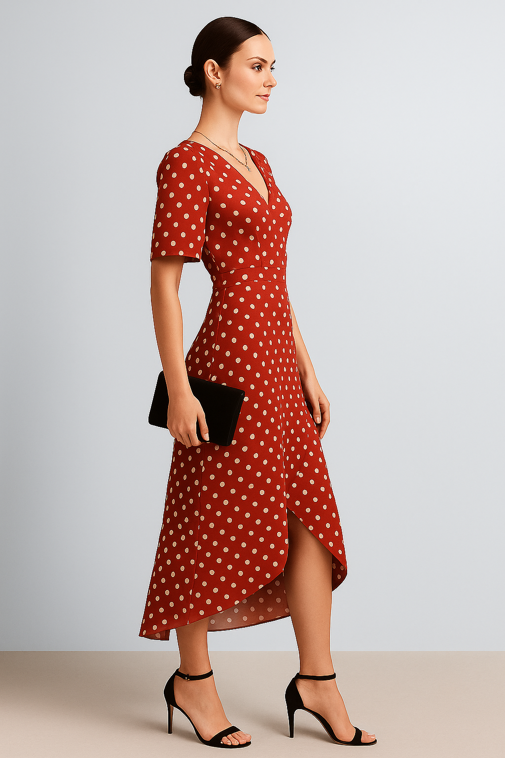 Red Polka Wrap Dress with V-Neck & Flare Sleeves
