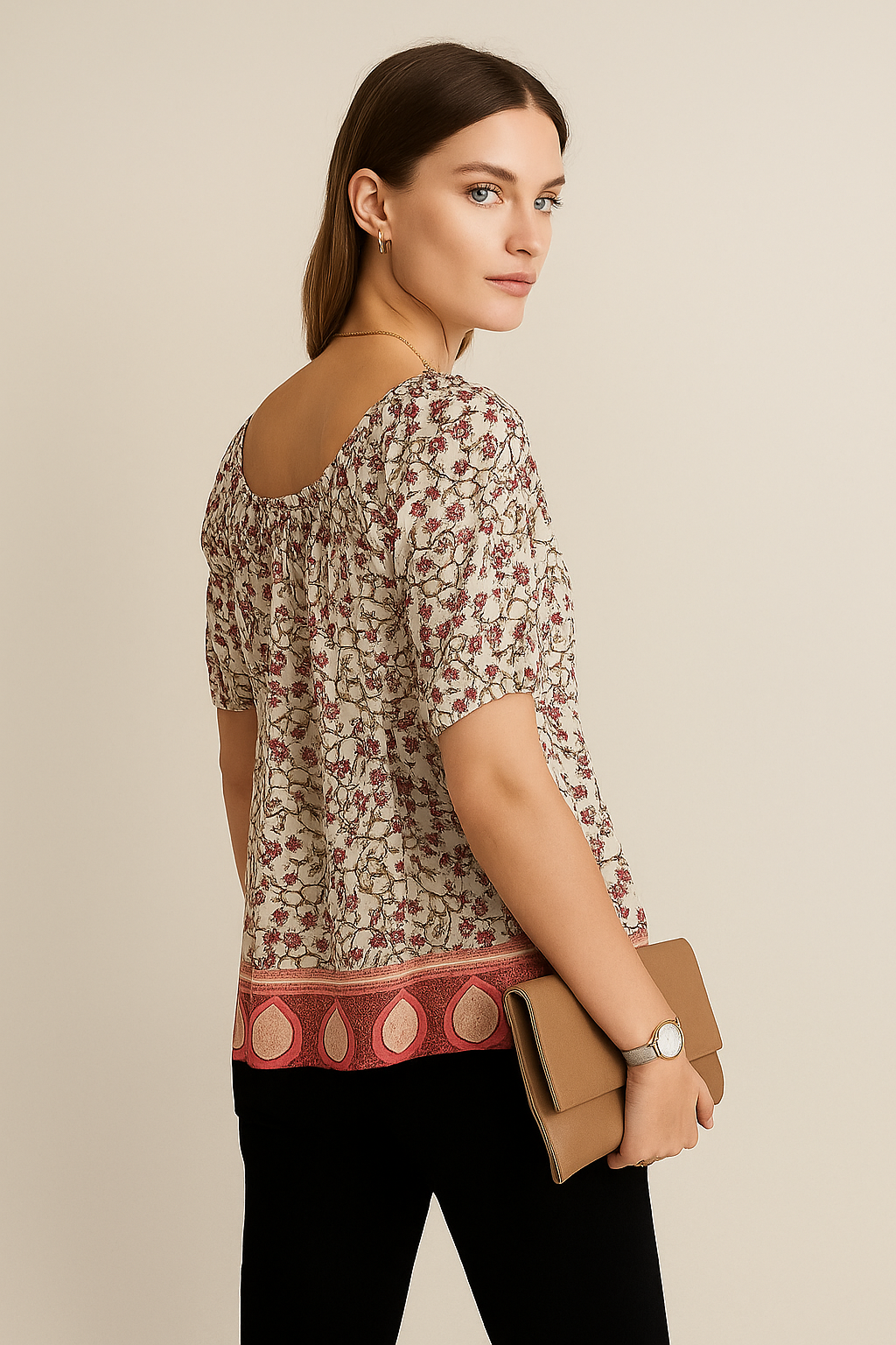 Beige Floral Printed Top with Broad Straps and Border Hem