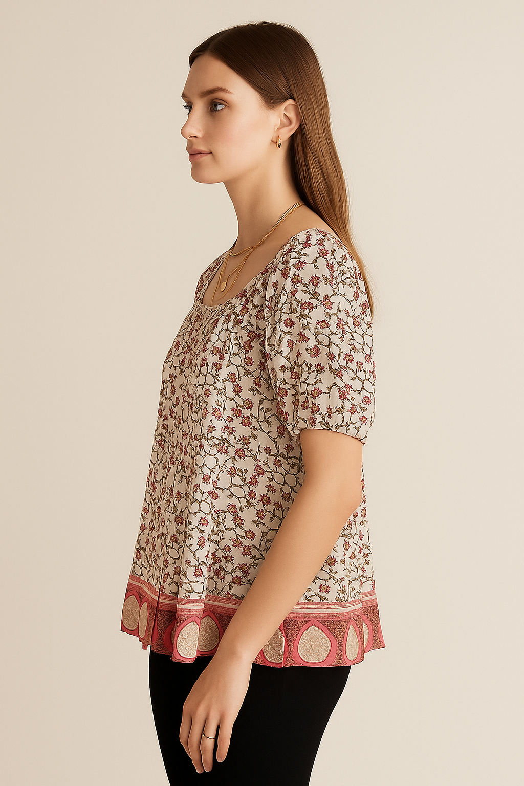 Beige Floral Printed Top with Broad Straps and Border Hem