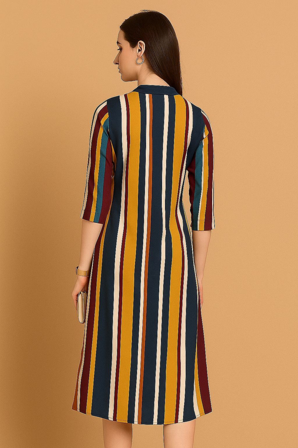 Multicolor Vertical Stripe Mandarin Collar Cotton Dress