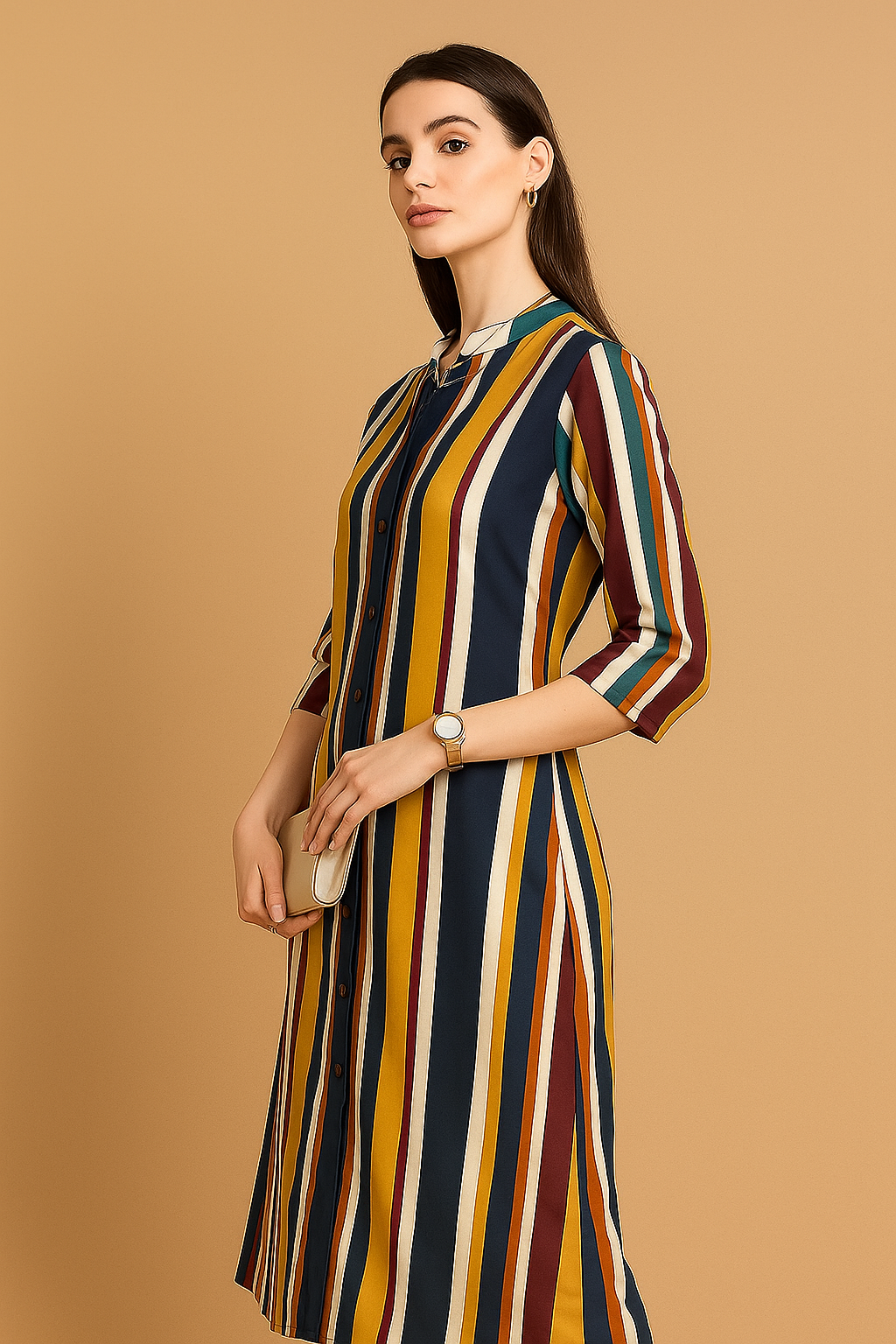 Multicolor Vertical Stripe Mandarin Collar Cotton Dress
