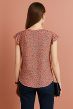 Floral Printed Cotton Top with Cap Sleeves and Round Neckline