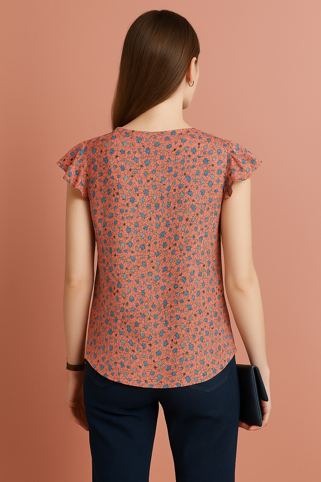 Floral Printed Cotton Top with Cap Sleeves and Round Neckline