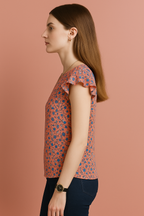 Floral Printed Cotton Top with Cap Sleeves and Round Neckline