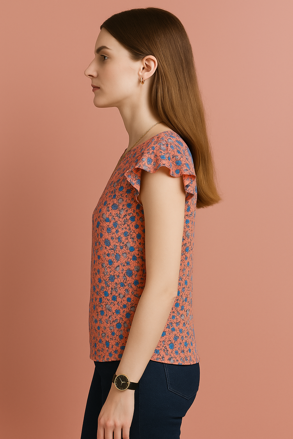 Floral Printed Cotton Top with Cap Sleeves and Round Neckline